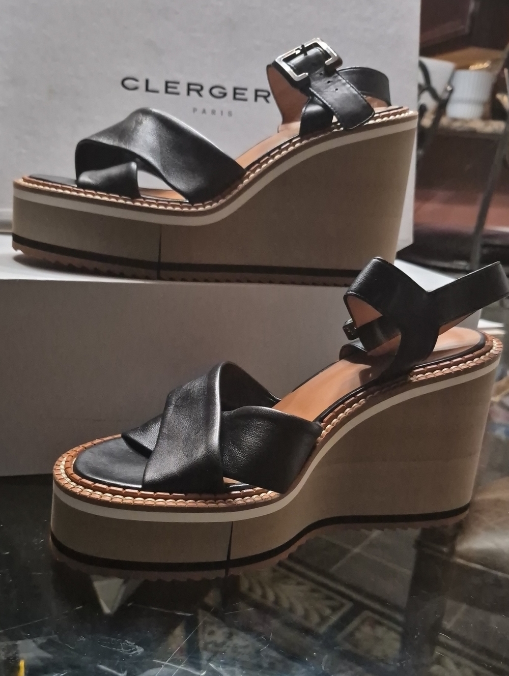 Robert Clergerie Black Leather Crossover Strap Platform Wedges